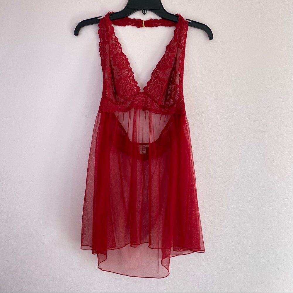 Victoria's Secret Red Mesh Lace Babydoll Halter Top Sheer Lingerie size Large